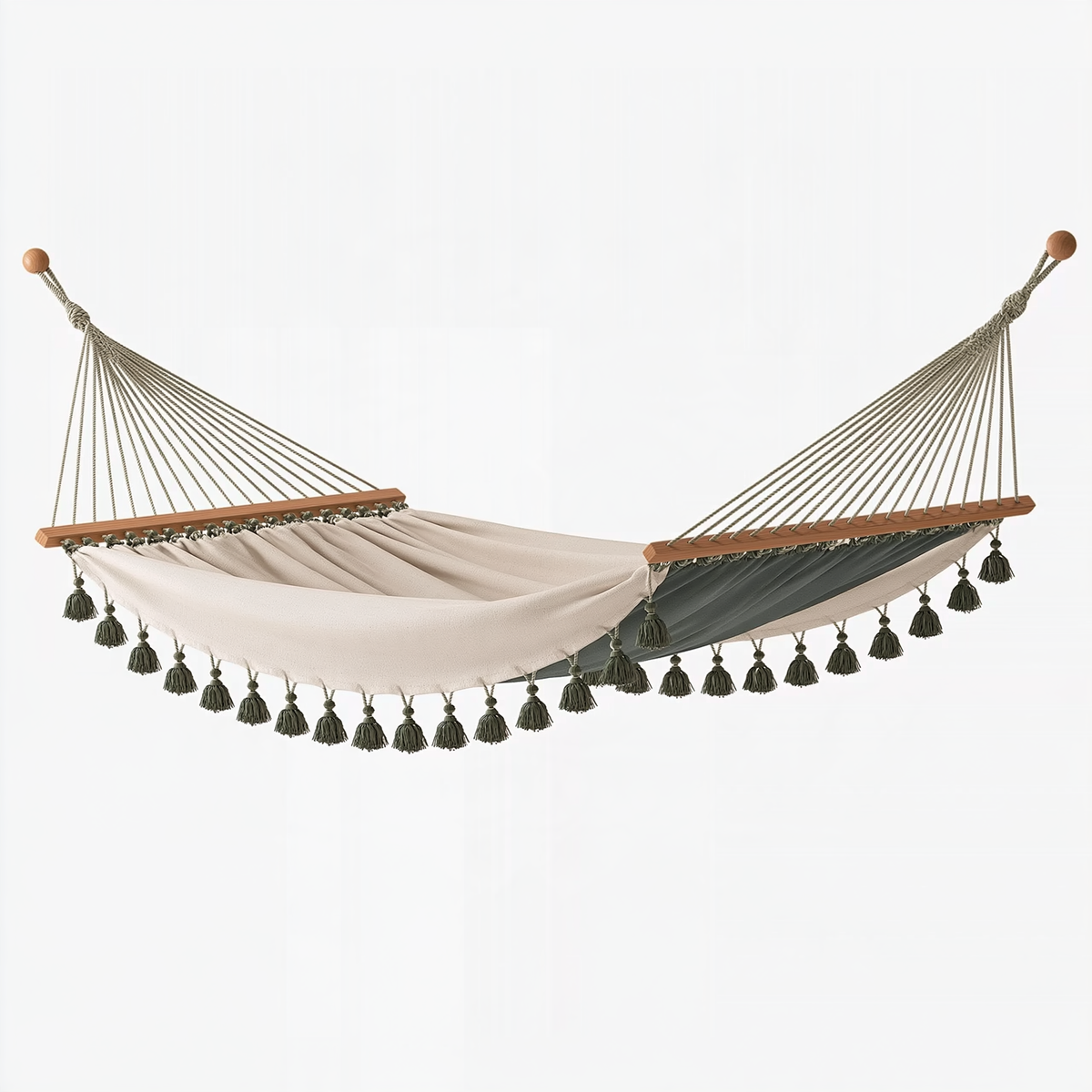 Amaca 300 x 100 cm in tessuto beige e verde oliva con traverse in legno - sospesa da giardino