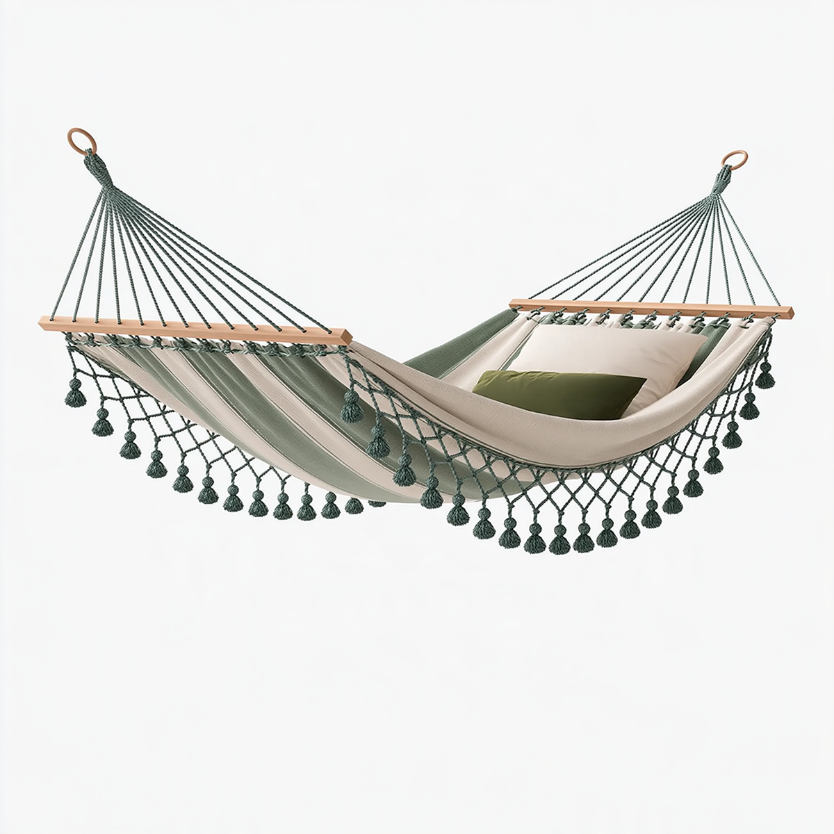 Amaca 300 x 140 cm in tessuto beige e verde con barre in legno - stile boho da giardino