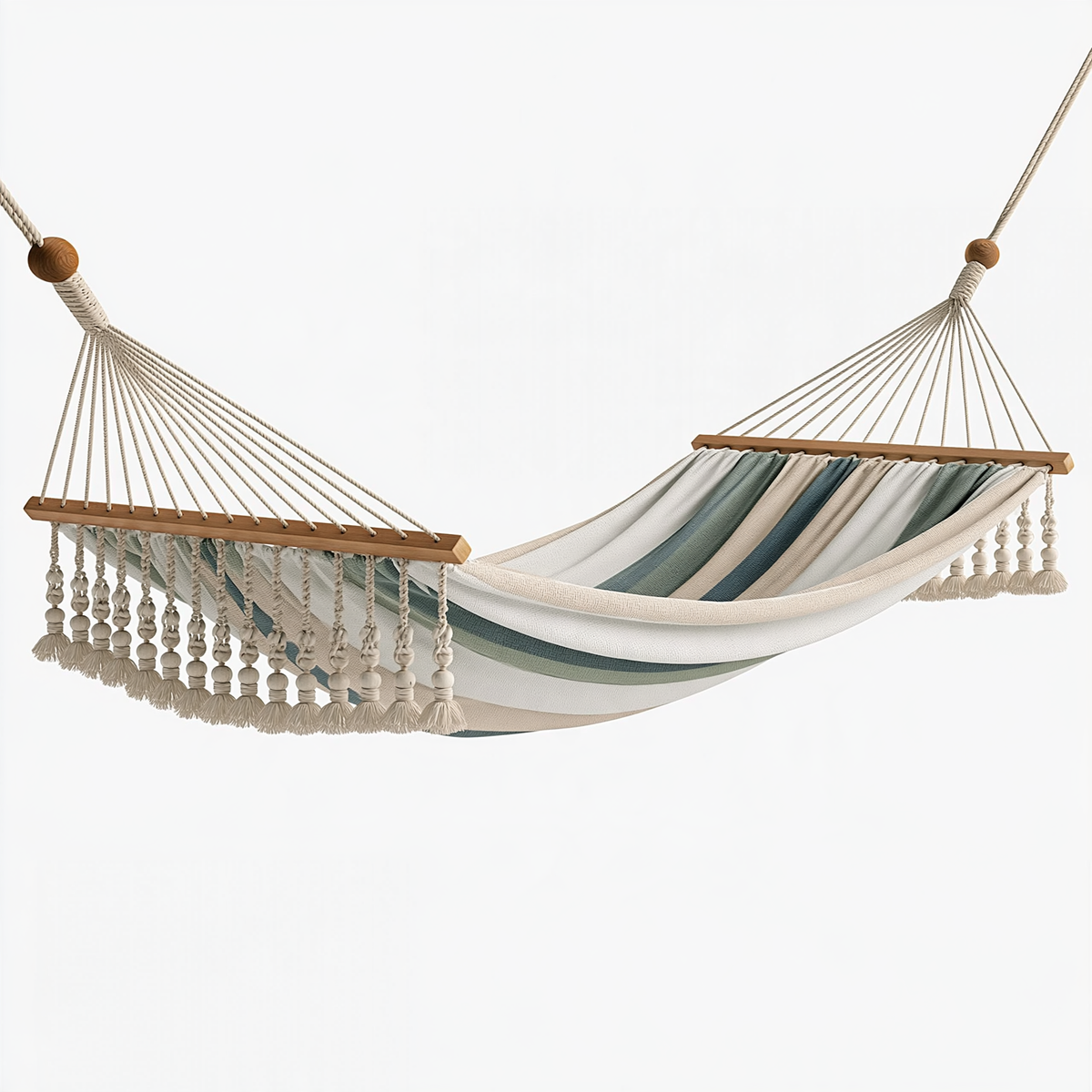 Amaca 320 x 120 cm in cotone beige verde con barre in legno stile bohémien