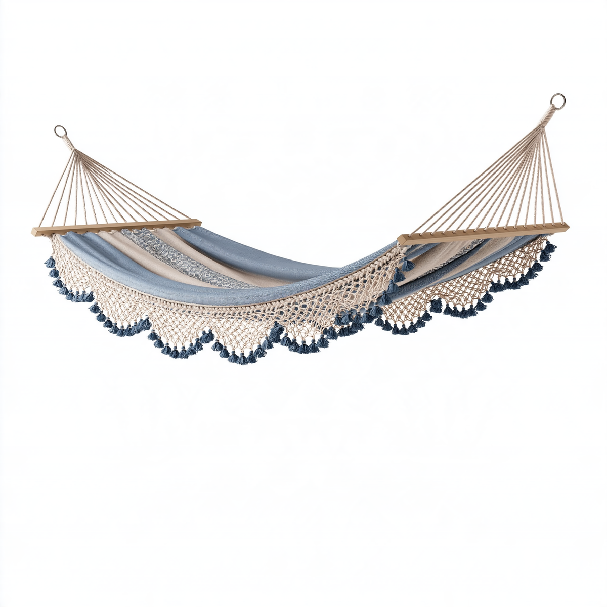 Amaca 300 x 100 cm in tessuto beige e blu con legno - sospesa stile boho