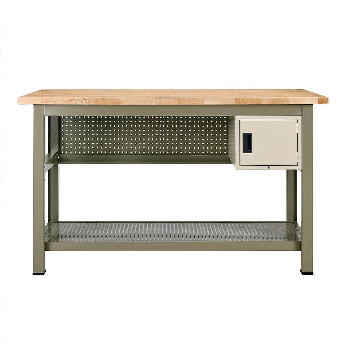 Banco da lavoro 160 x 60 x 90 cm in legno e metallo verde oliva con armadietto e ripiano perforato