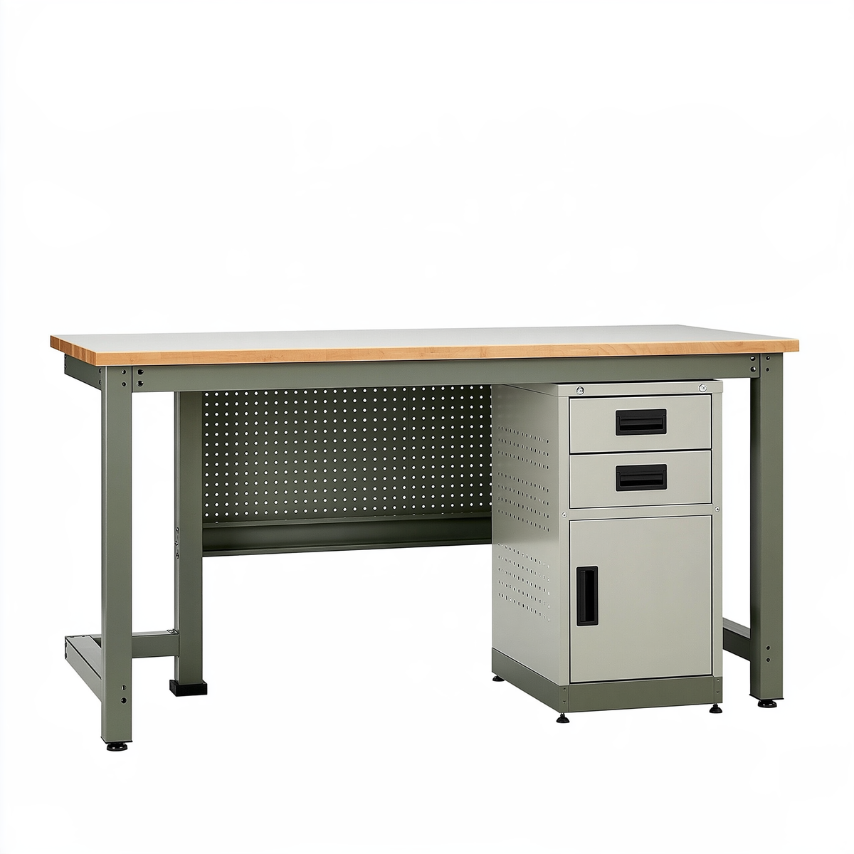 Banco da lavoro 152 x 76 x 91 cm in acciaio e legno grigio verde stile industriale con cassetti