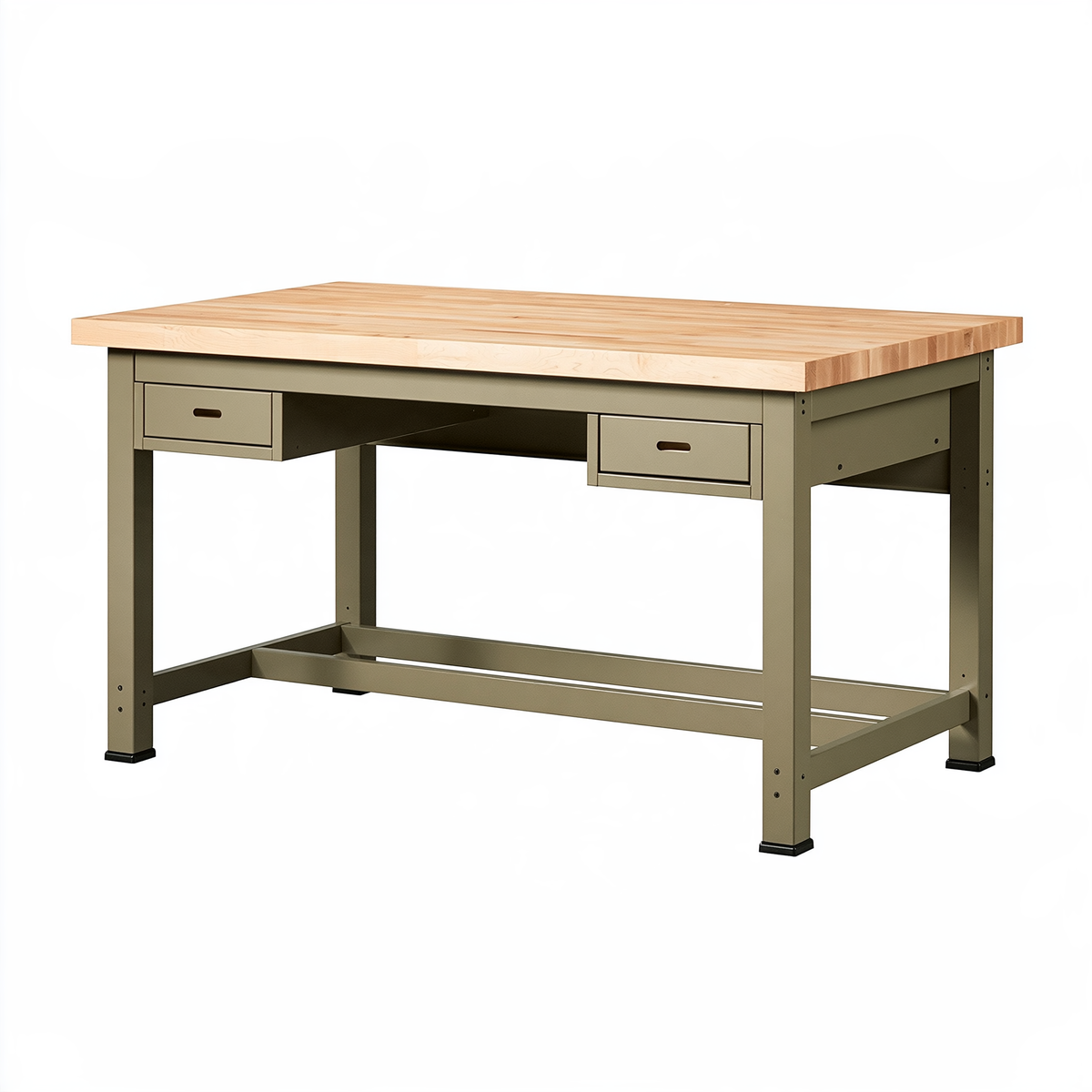 Banco da lavoro 152 x 76 x 91 cm in legno e acciaio naturale verde oliva con 2 cassetti
