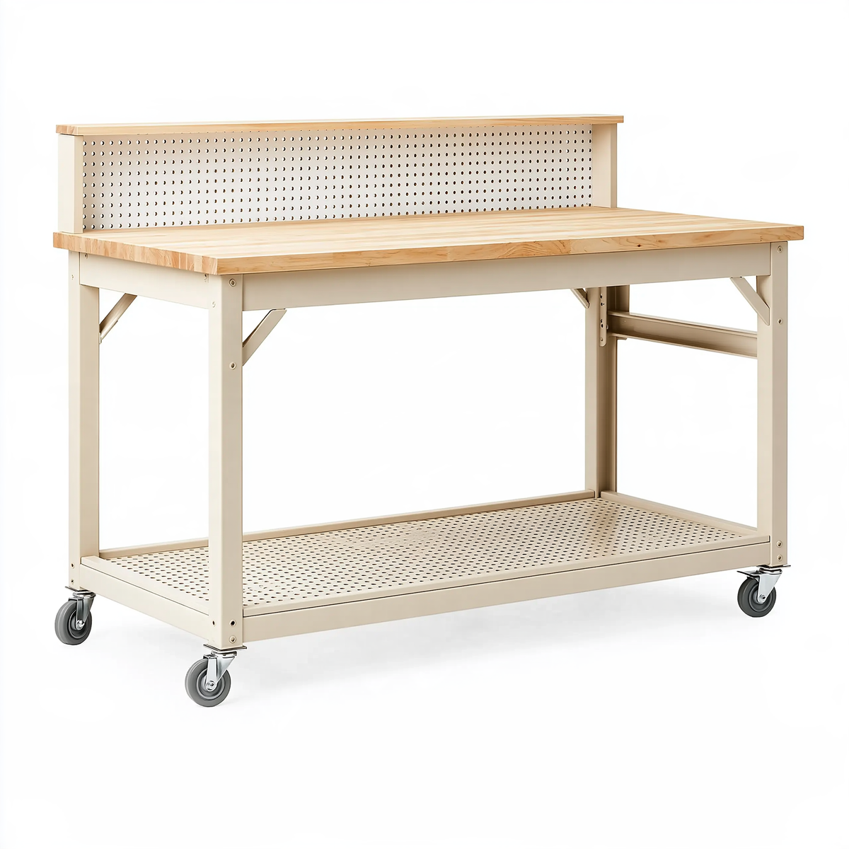 Tavolo da lavoro 180 x 70 x 150 cm in acciaio crema e legno naturale con ruote stile industriale