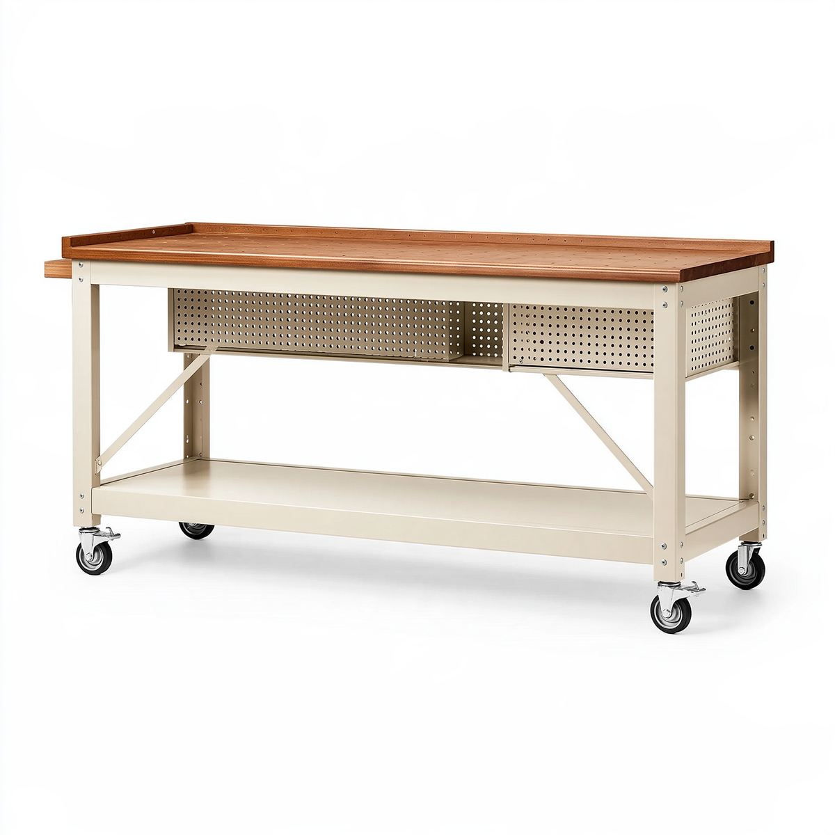 Banco da lavoro 152 x 76 x 91 cm in acciaio e legno beige con ruote
