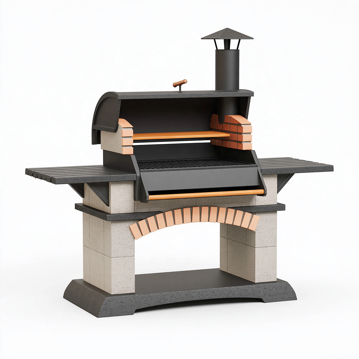 Barbecue da giardino 120x70x210 cm in cemento refrattario nero/grigio con griglia e camino