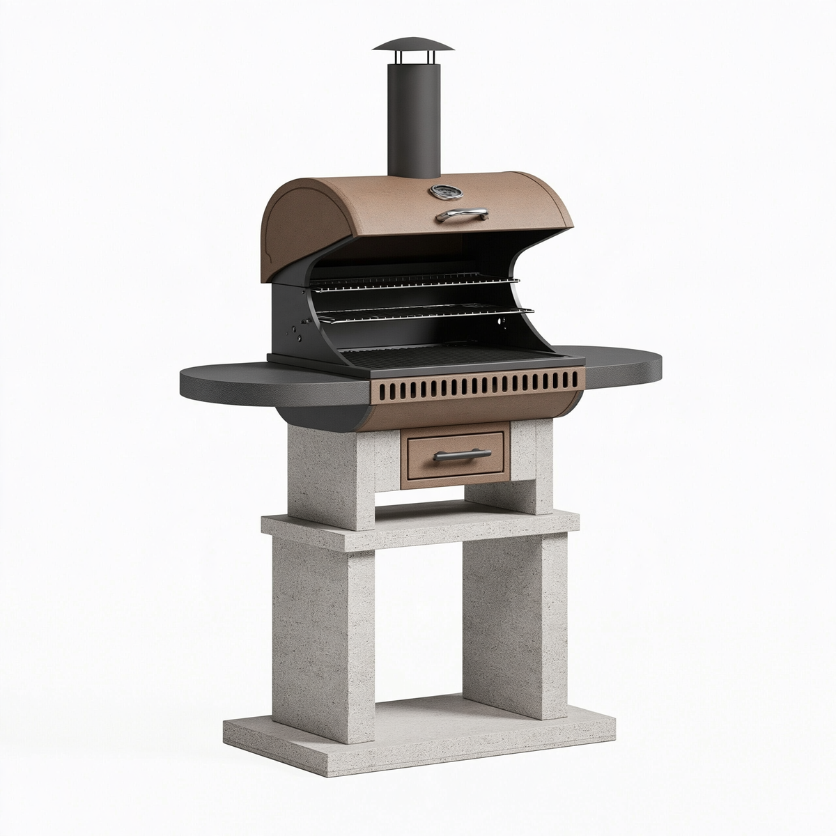 Barbecue a carbone 120 x 65 x 190 cm in acciaio nero e marrone con cappa e griglie regolabili