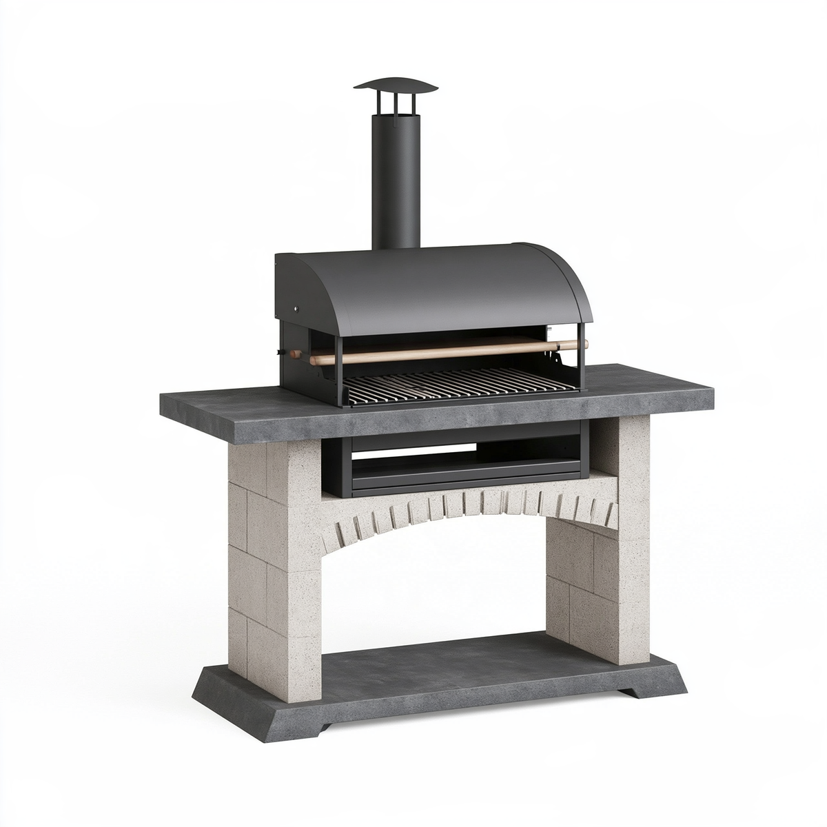 Barbecue da esterno 140 x 75 x 220 cm in metallo e cemento grigio nero con cappa e griglia