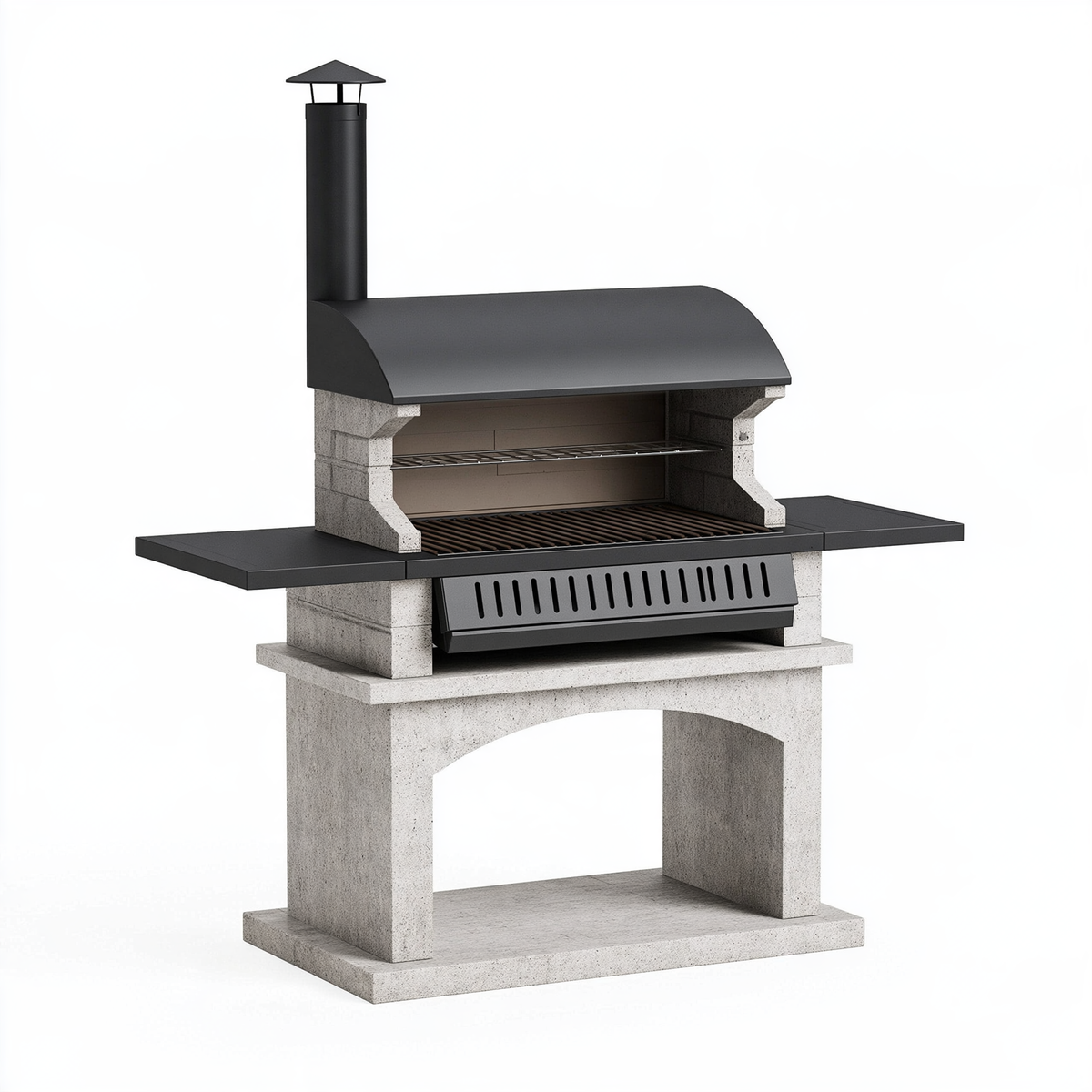 Barbecue da giardino 160 x 70 x 210 cm in cemento refrattario e acciaio nero con cappa