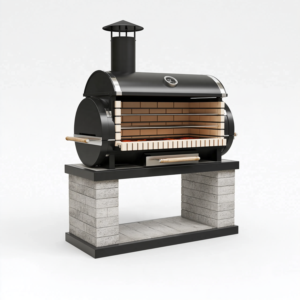Forno barbecue da esterno 120 x 70 x 190 cm in acciaio nero con camera refrattaria