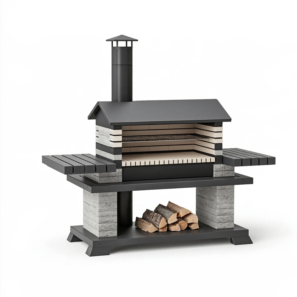 Barbecue da giardino 160 x 85 x 210 cm in metallo e rivestimento effetto pietra nero grigio con camino e griglia