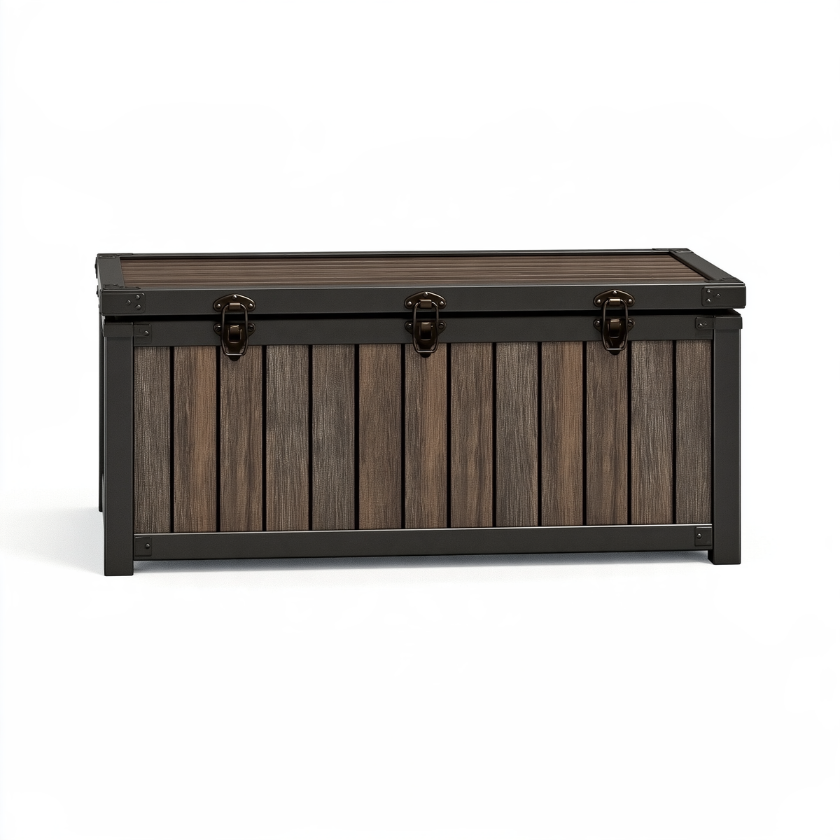 Baule contenitore 120 x 55 x 65 cm in metallo e pannelli effetto legno marrone nero - stile industriale per esterno