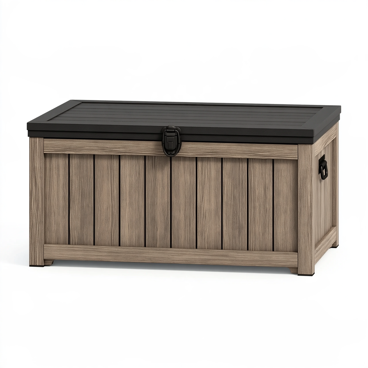 Cassapanca da esterno 120 x 60 x 65 cm in resina grigio tortora con coperchio nero effetto legno