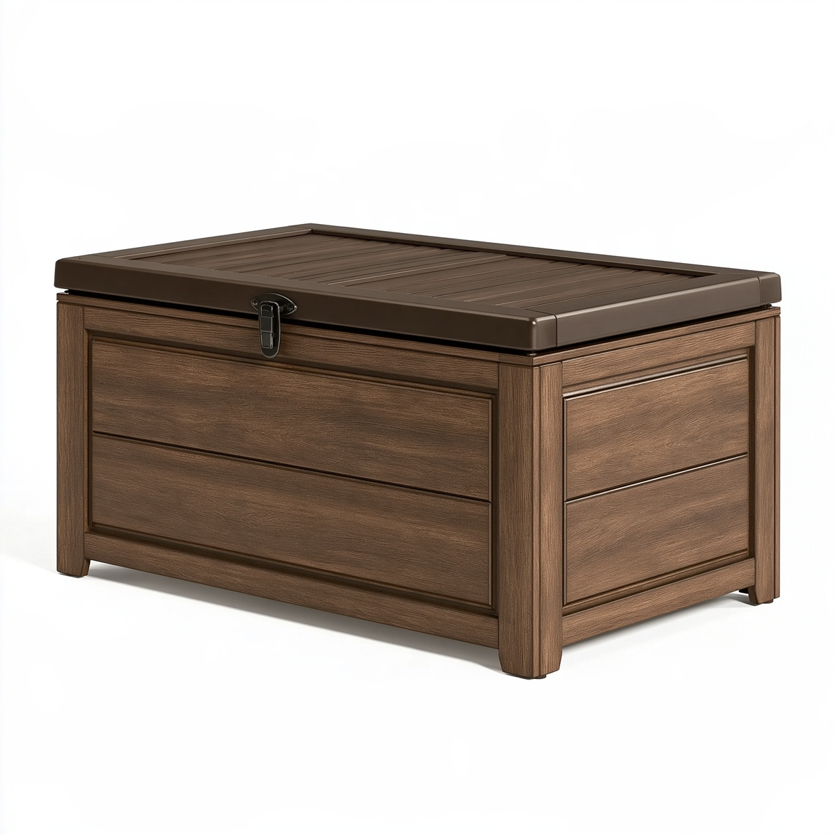 Baule contenitore da esterno 120 x 60 x 65 cm in resina marrone effetto legno con coperchio