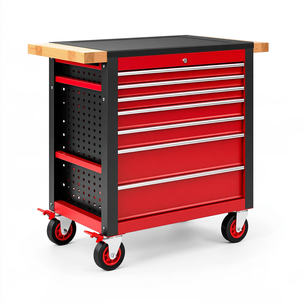 Carrello portautensili 100 x 50 x 95 cm in acciaio rosso e nero con piano in legno e 7 cassetti