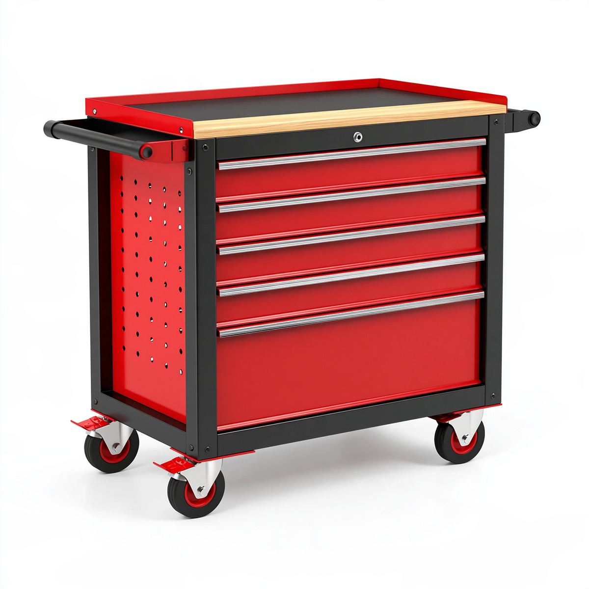 Carrello portautensili 80 x 45 x 95 cm in metallo rosso e nero con 5 cassetti e ruote