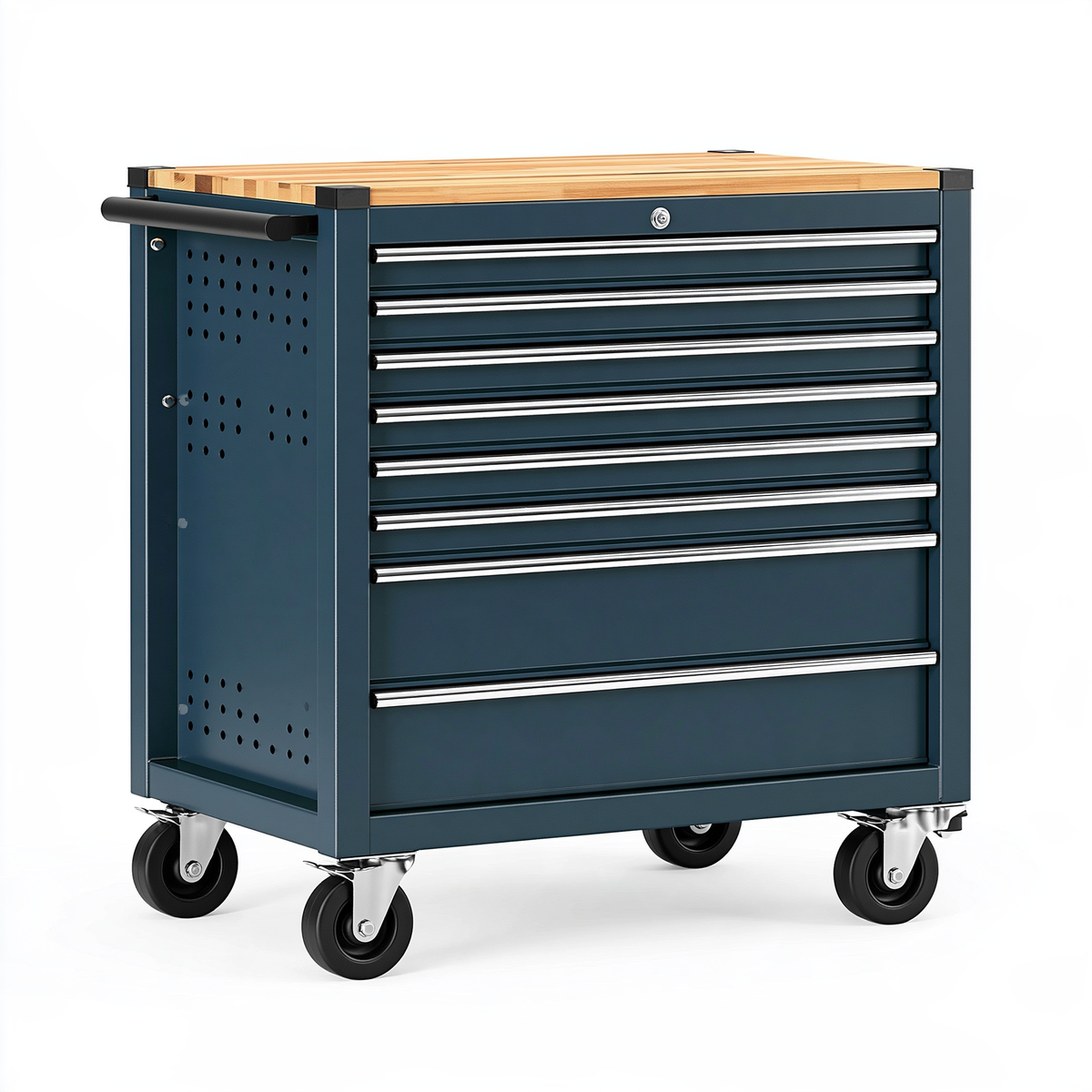 Carrello portautensili 90 x 48 x 100 cm in acciaio blu con piano in legno e 7 cassetti