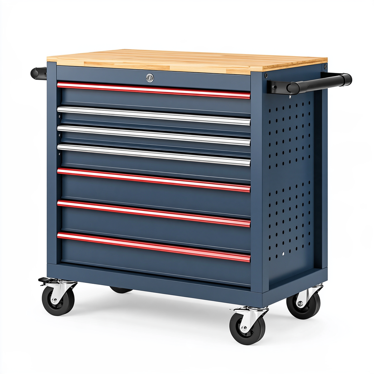 Carrello portautensili 105 x 50 x 95 cm in acciaio blu con piano in bambù - 7 cassetti con ruote